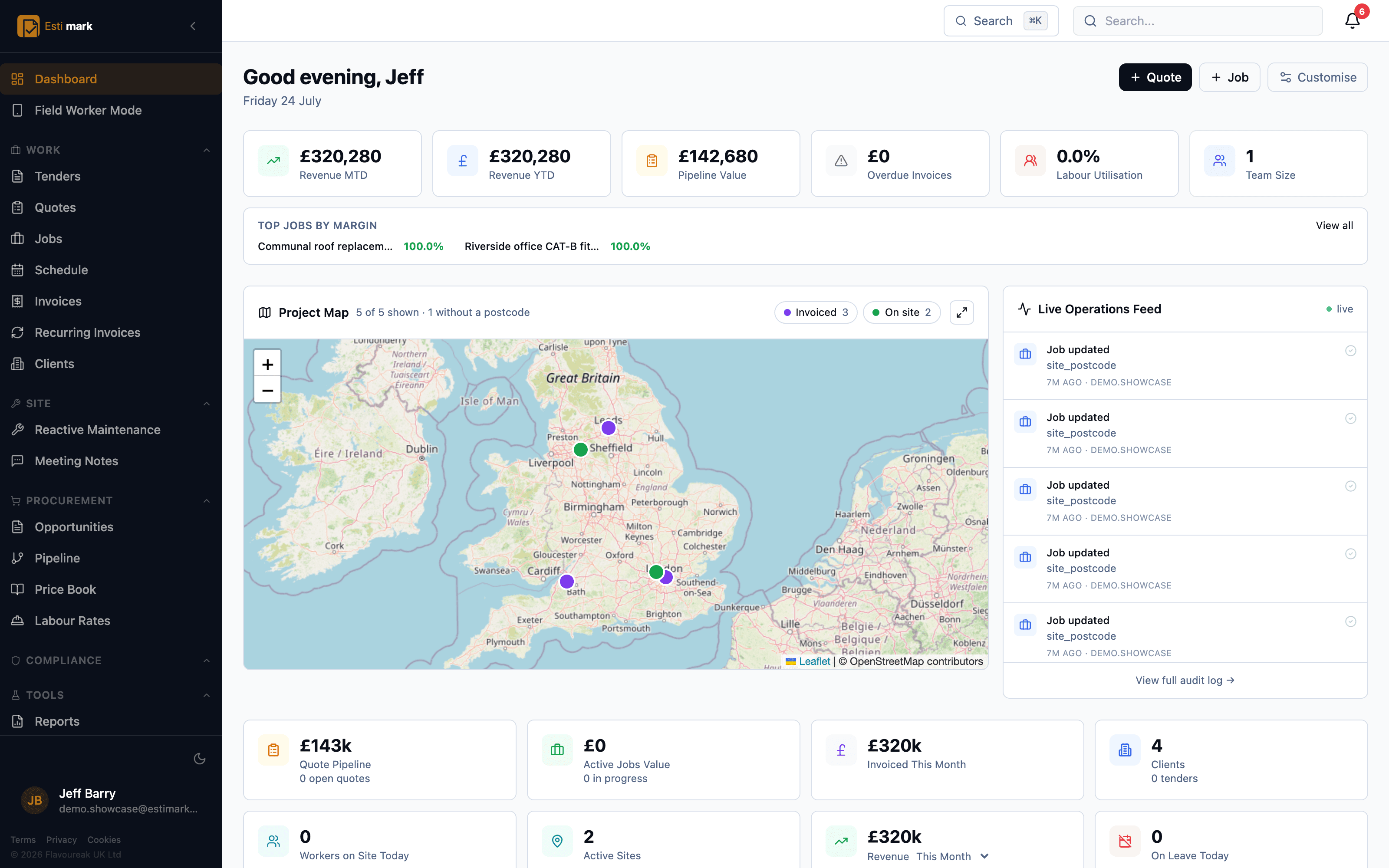Estimark dashboard showing revenue, pipeline value and a live map of active projects across the UK