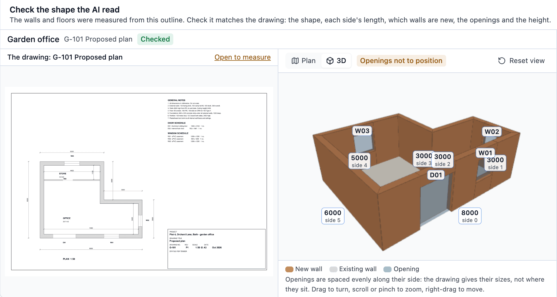 Check the shape on an AI take-off: drawing G-101 of an L-shaped garden office beside the building the AI read from it, drawn in 3D with its doors and windows and each side’s length.