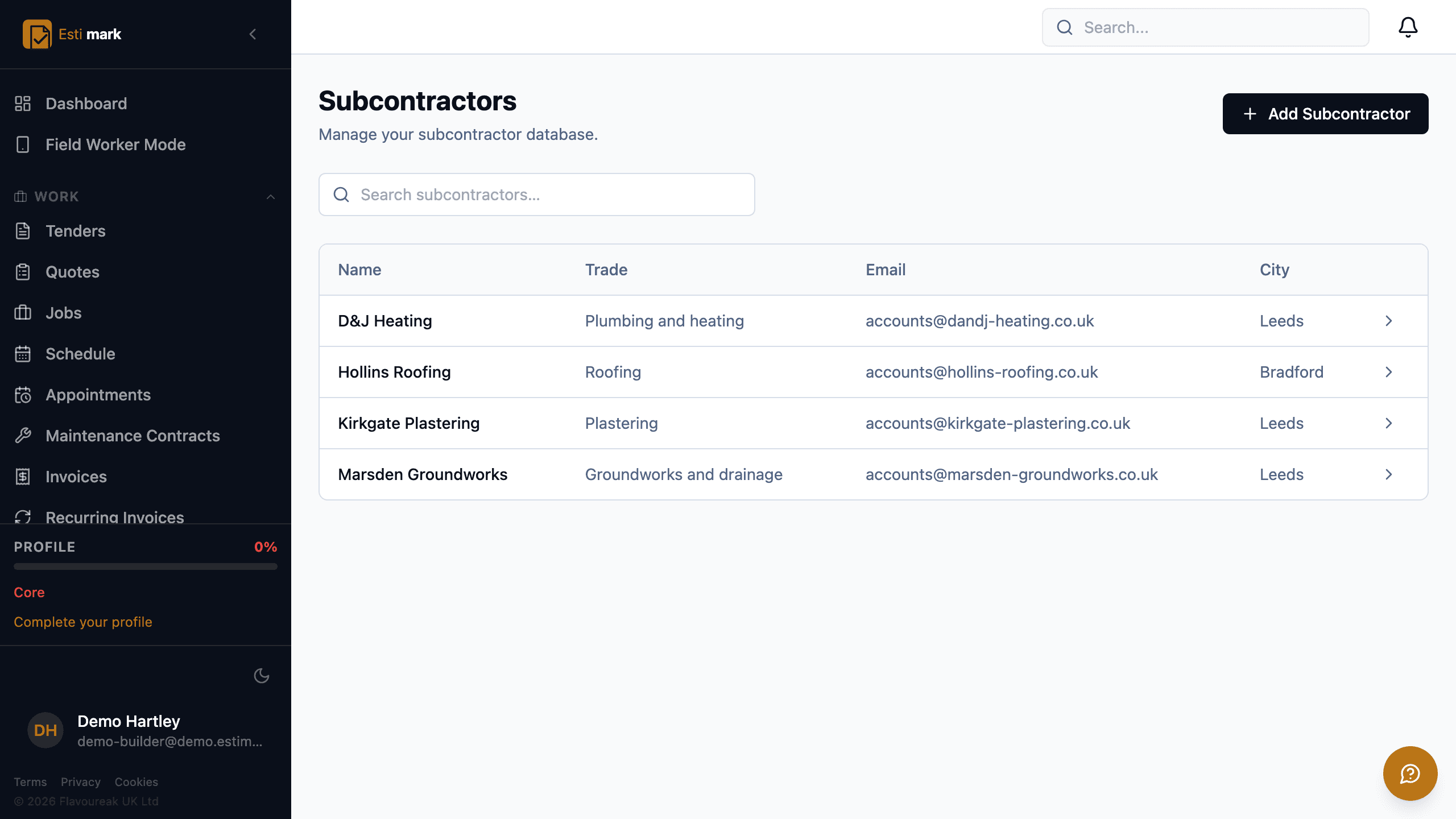 The subcontractor register for a builder, with a row each for plumbing and heating, roofing, plastering and groundworks, showing the trade, the accounts email address and the town for every firm.