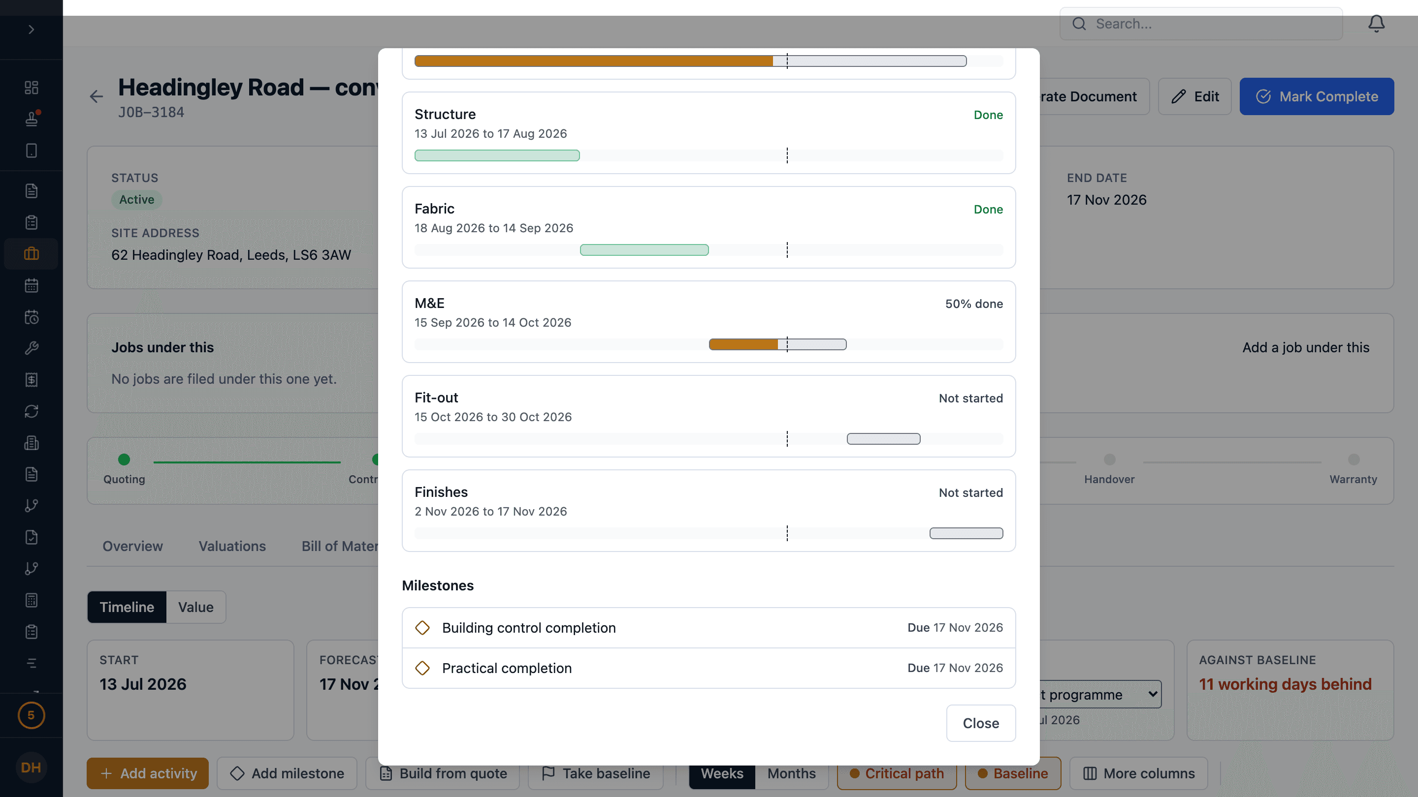What the client sees of a job’s programme: each stage with its dates and how far through it is, and the milestones with their due dates, as their portal shows it.