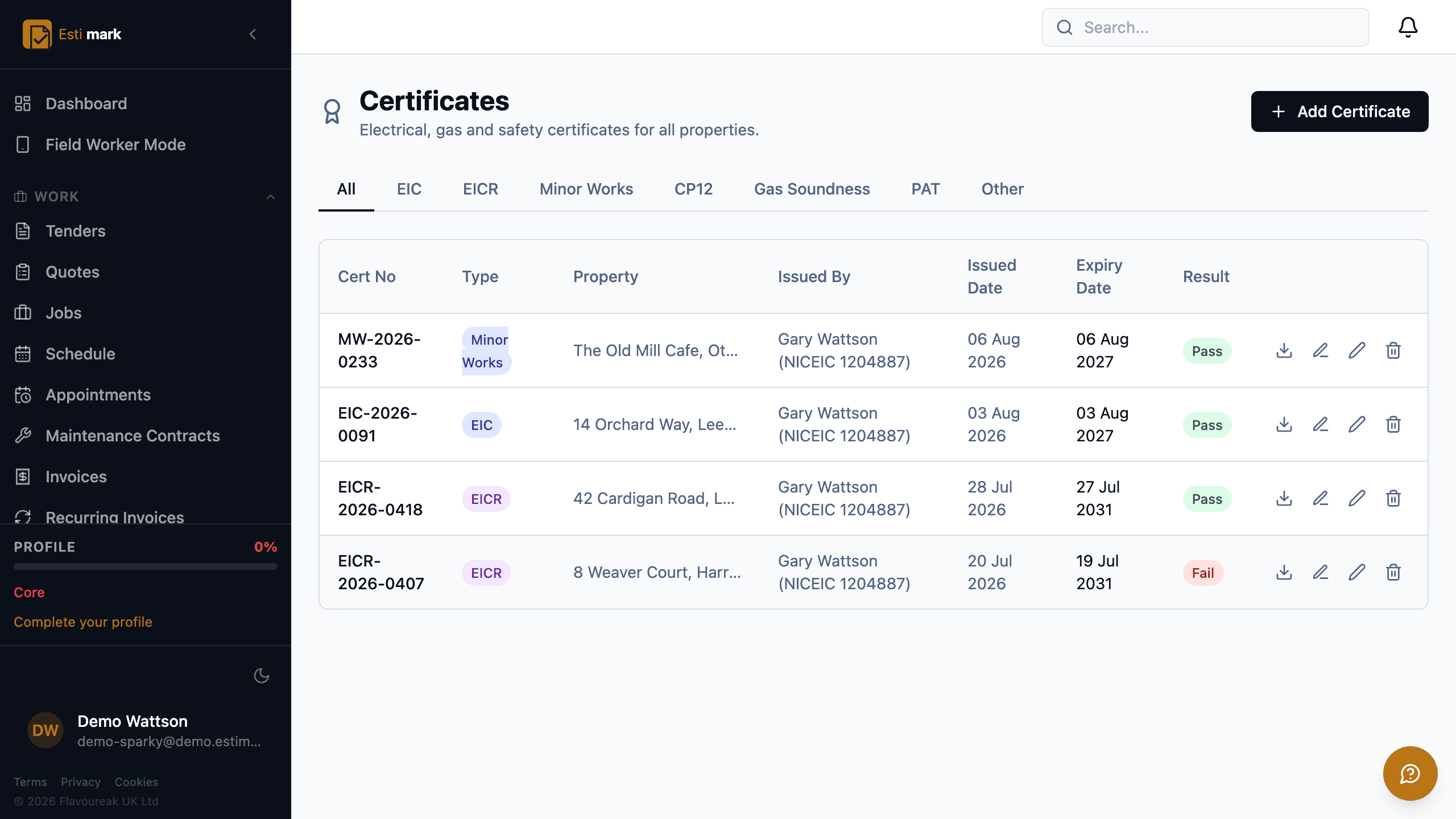 The certificate register filtered by type, listing EICR certificates with the property, who issued them, the issue date and the result.