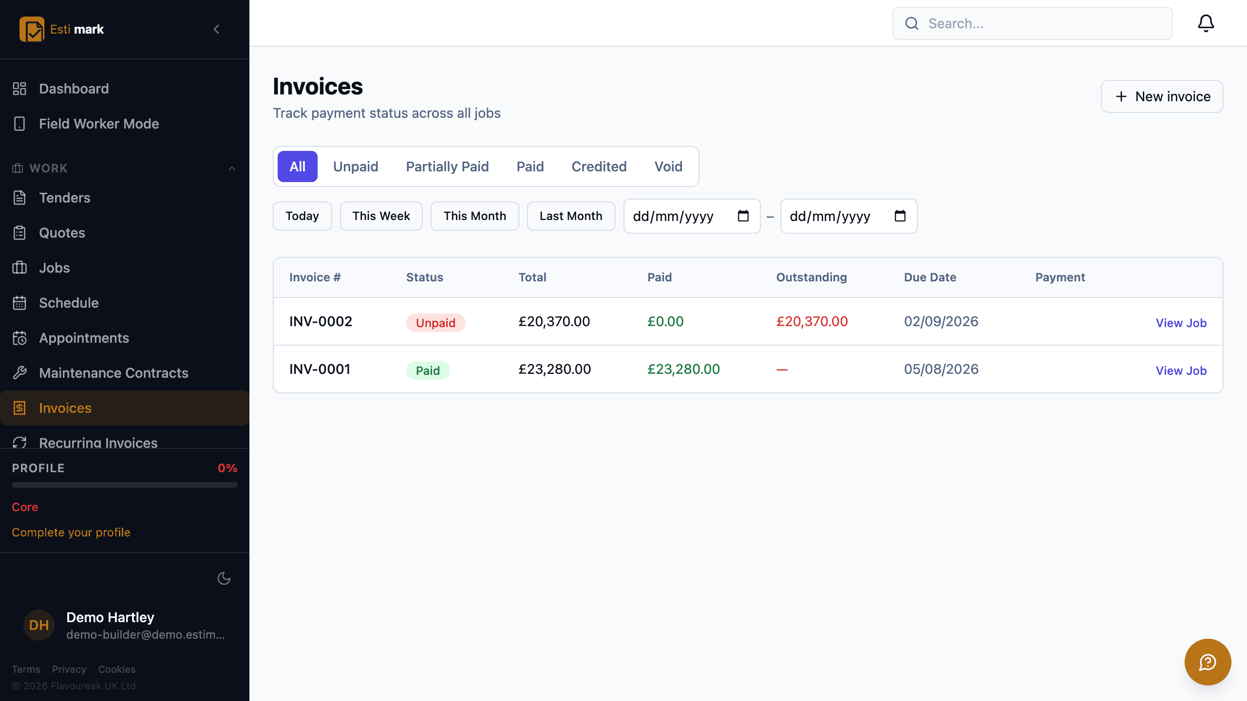 The invoice list, with filters for unpaid, partially paid, paid, credited and void and a date range across the top, then a row for each invoice showing its status, total, the amount paid, what is still outstanding and the date it falls due.