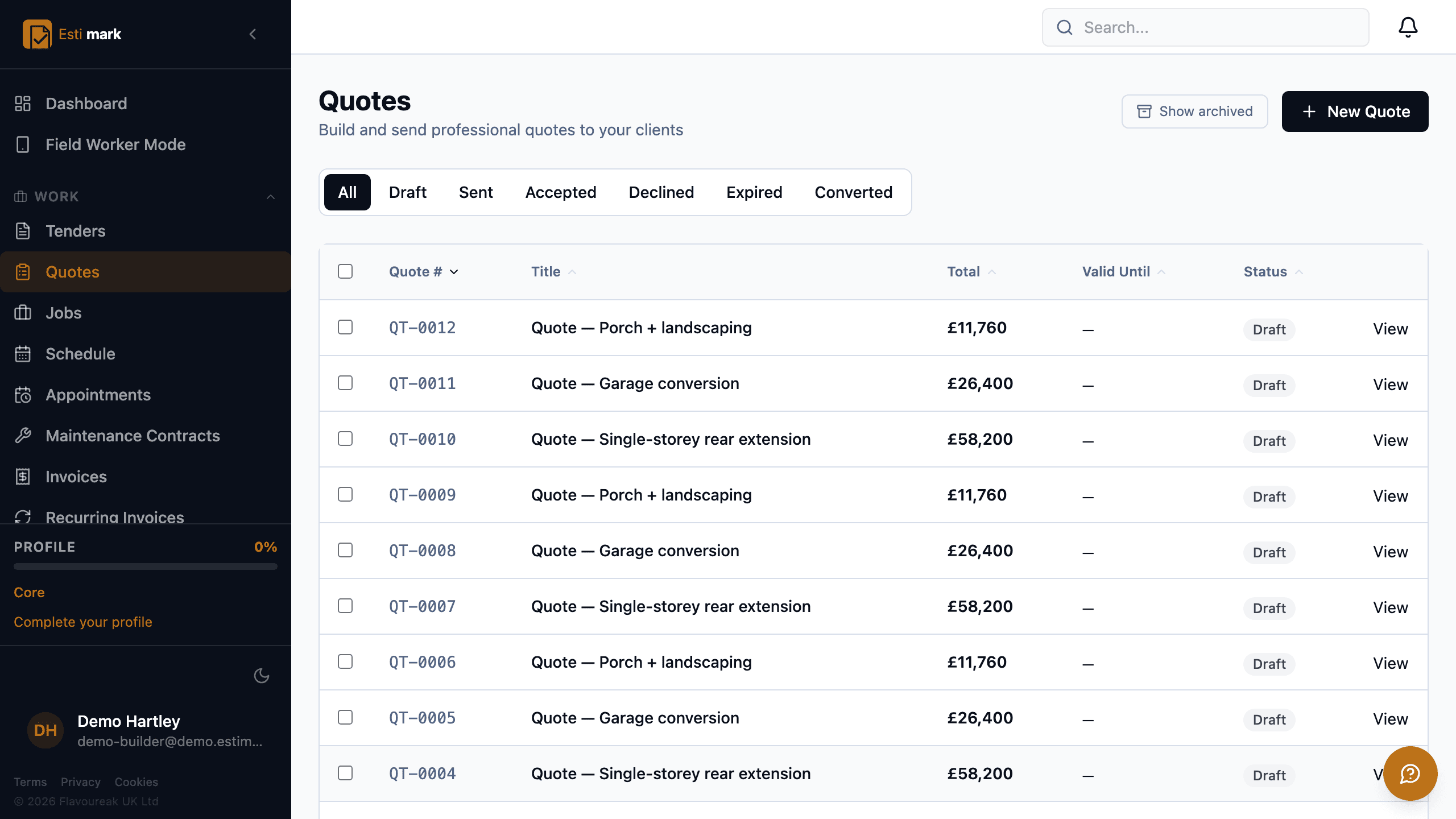 The quote list with filters for draft, sent, accepted, declined, expired and converted, showing each quote’s number, title, total and stage.