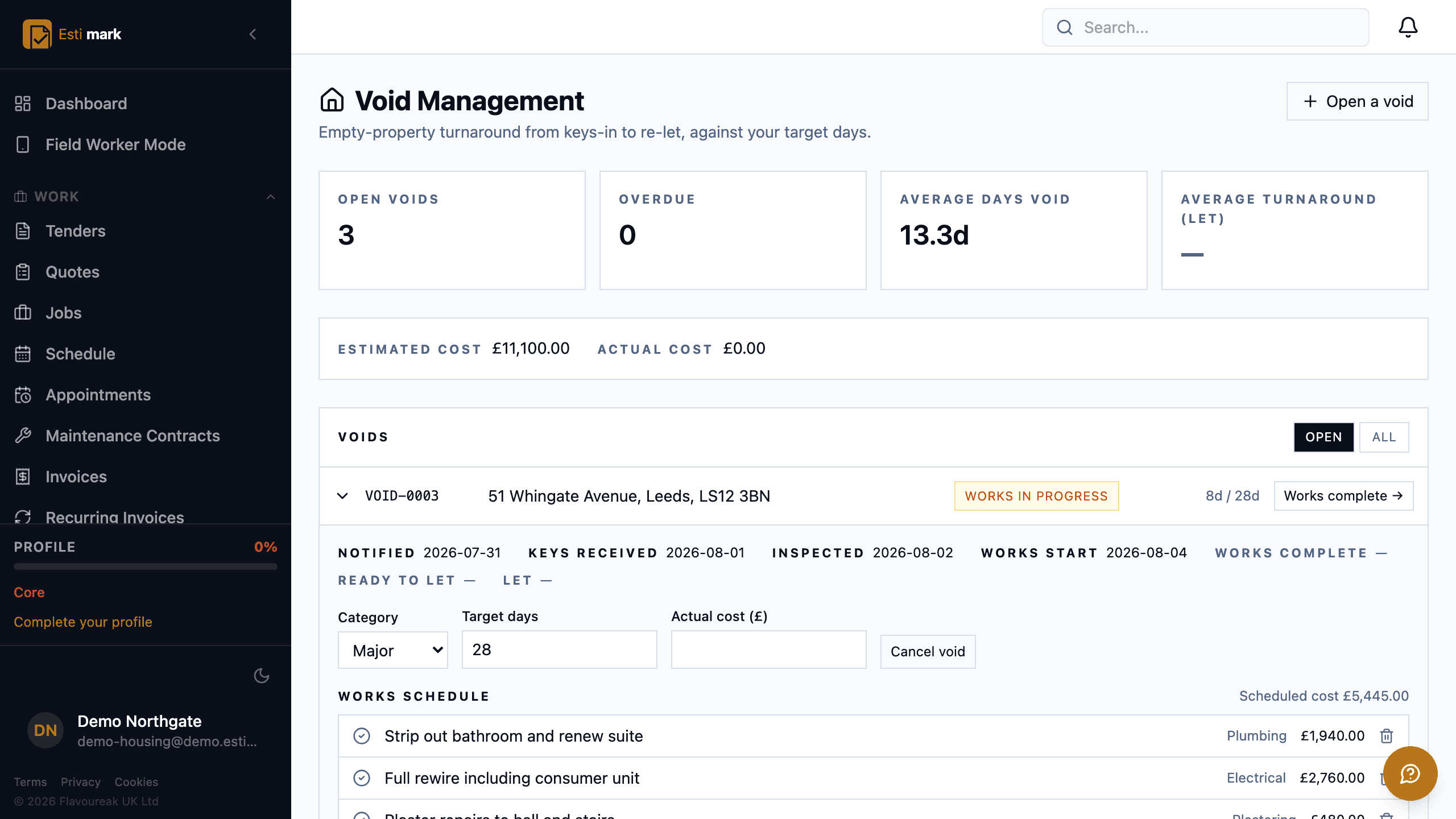 Void management, with open and overdue counters above two voids at the notified stage, each waiting on keys received.