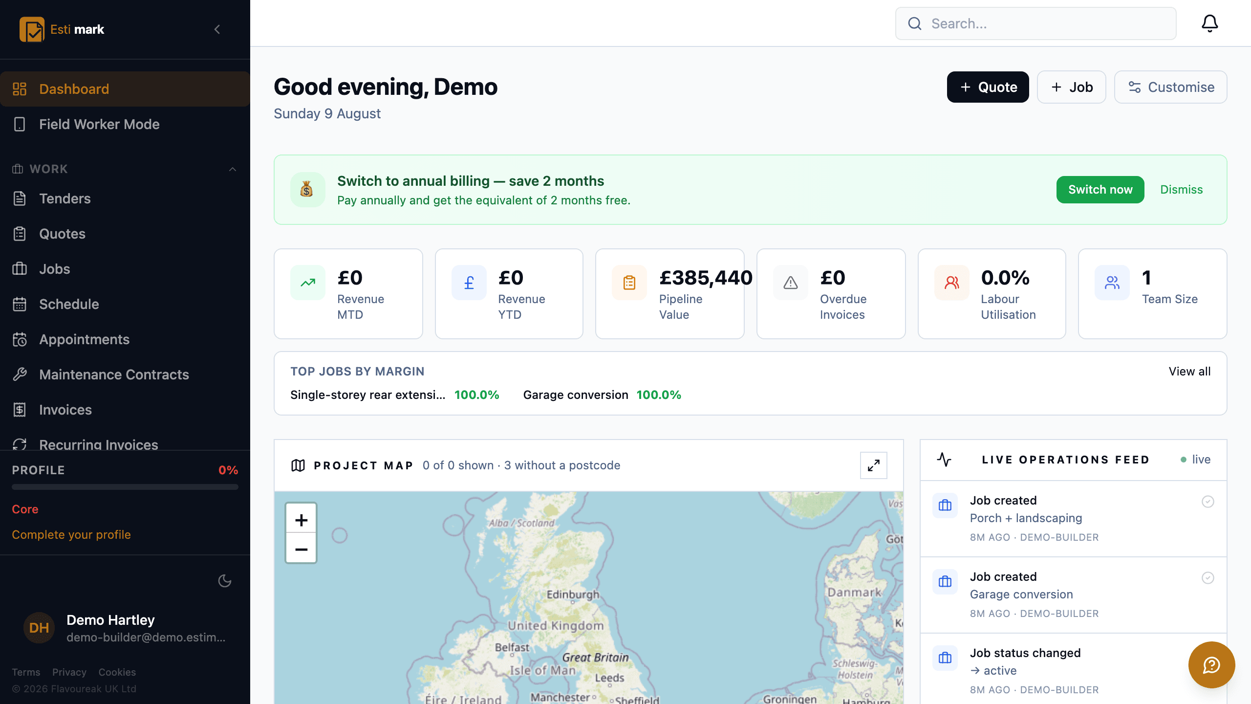 The dashboard, with revenue, pipeline value, overdue invoices and labour utilisation tiles above a project map and a live operations feed.