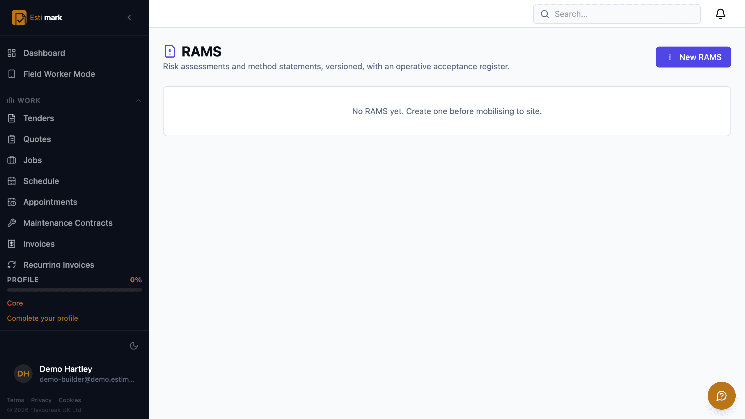 The RAMS register, described on screen as versioned risk assessments and method statements with an operative acceptance register. This demo account has none yet.