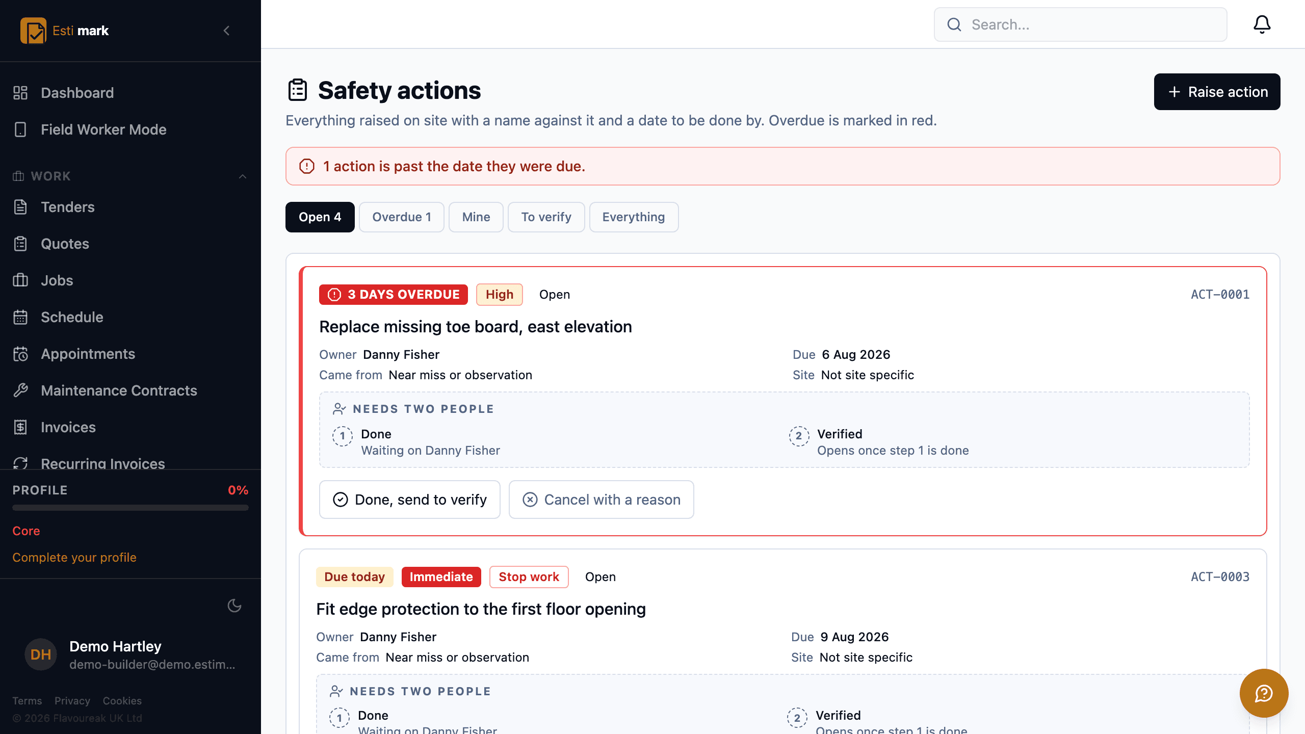 The safety actions list, with an overdue action to replace a missing toe board showing its owner and due date, and a done-then-verified close-out below it.