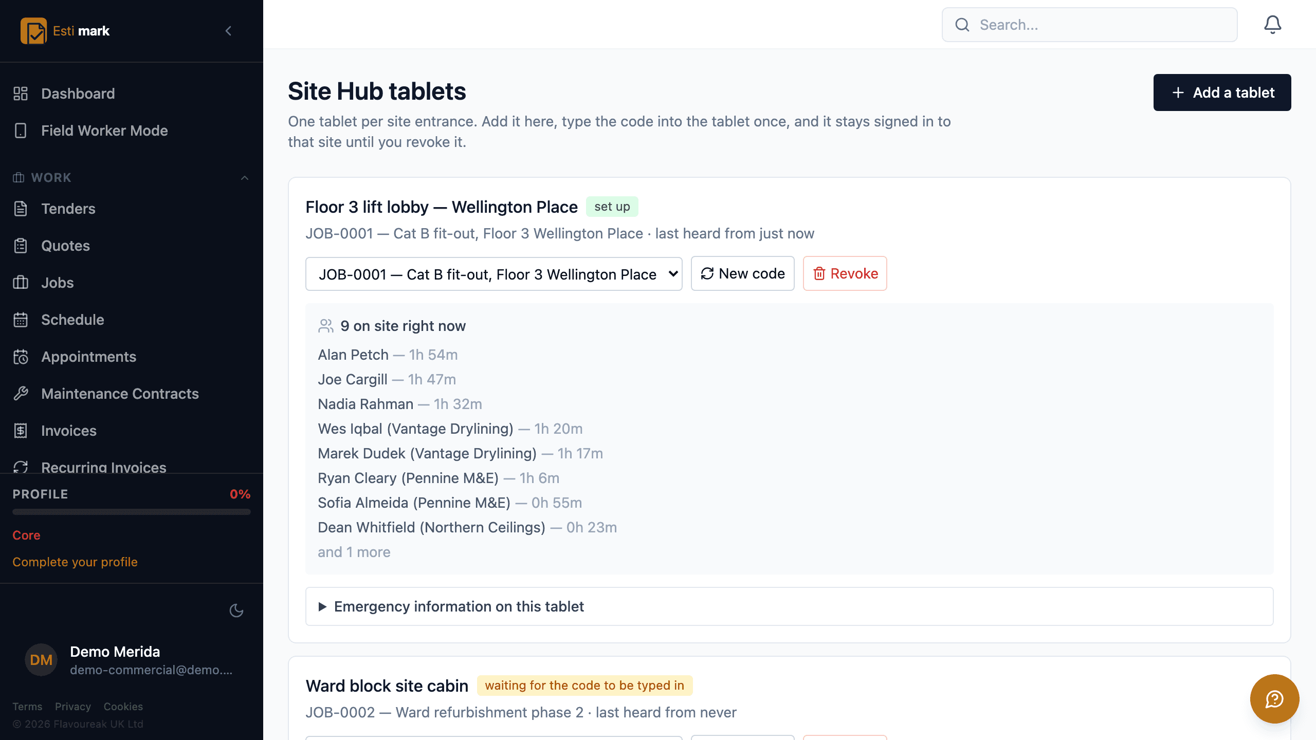 The office side of the Site Hub, listing the tablets on one site: the first is set up and showing its live board, and the second is still waiting for its enrolment code to be typed in, with its last contact shown as never.
